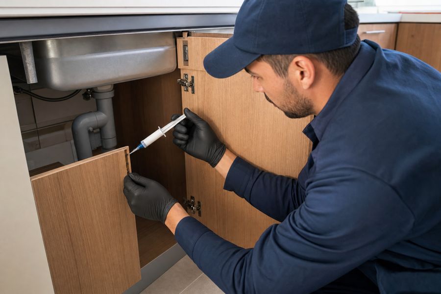 Technician placing gel bait inside a kitchen cabinet
