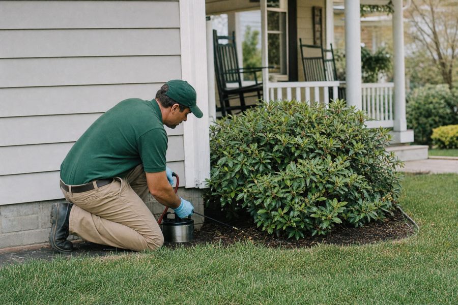 Pest control technician treating along the foundation of a suburban home