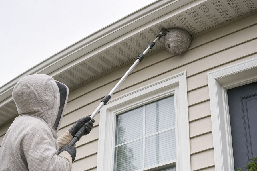 Technician in protective gear reaching a paper wasp nest under an eave